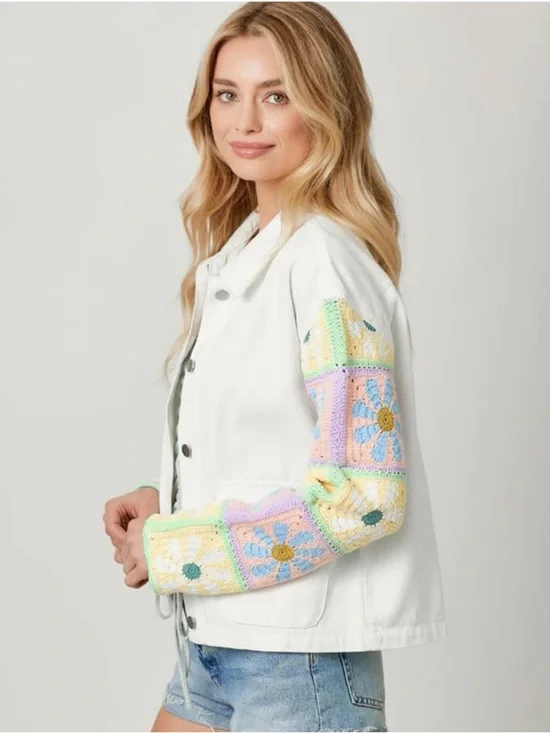 Mystree White cotton lightweight Jacket with Pastel Crochet Sleeve Accents nwt - Picture 2 of 3